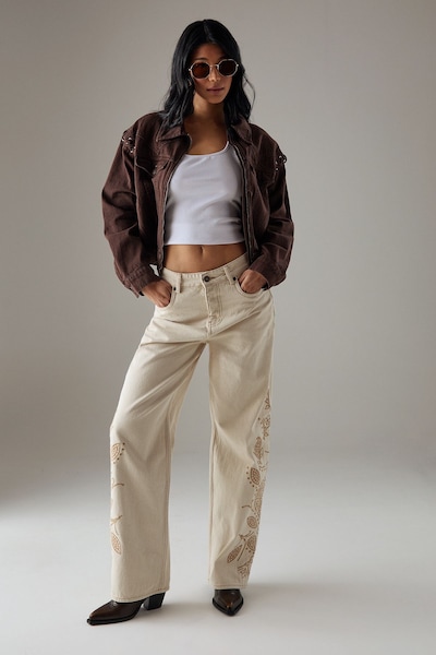 Warehouse Embroidered Denim Dad Jeans Ecru