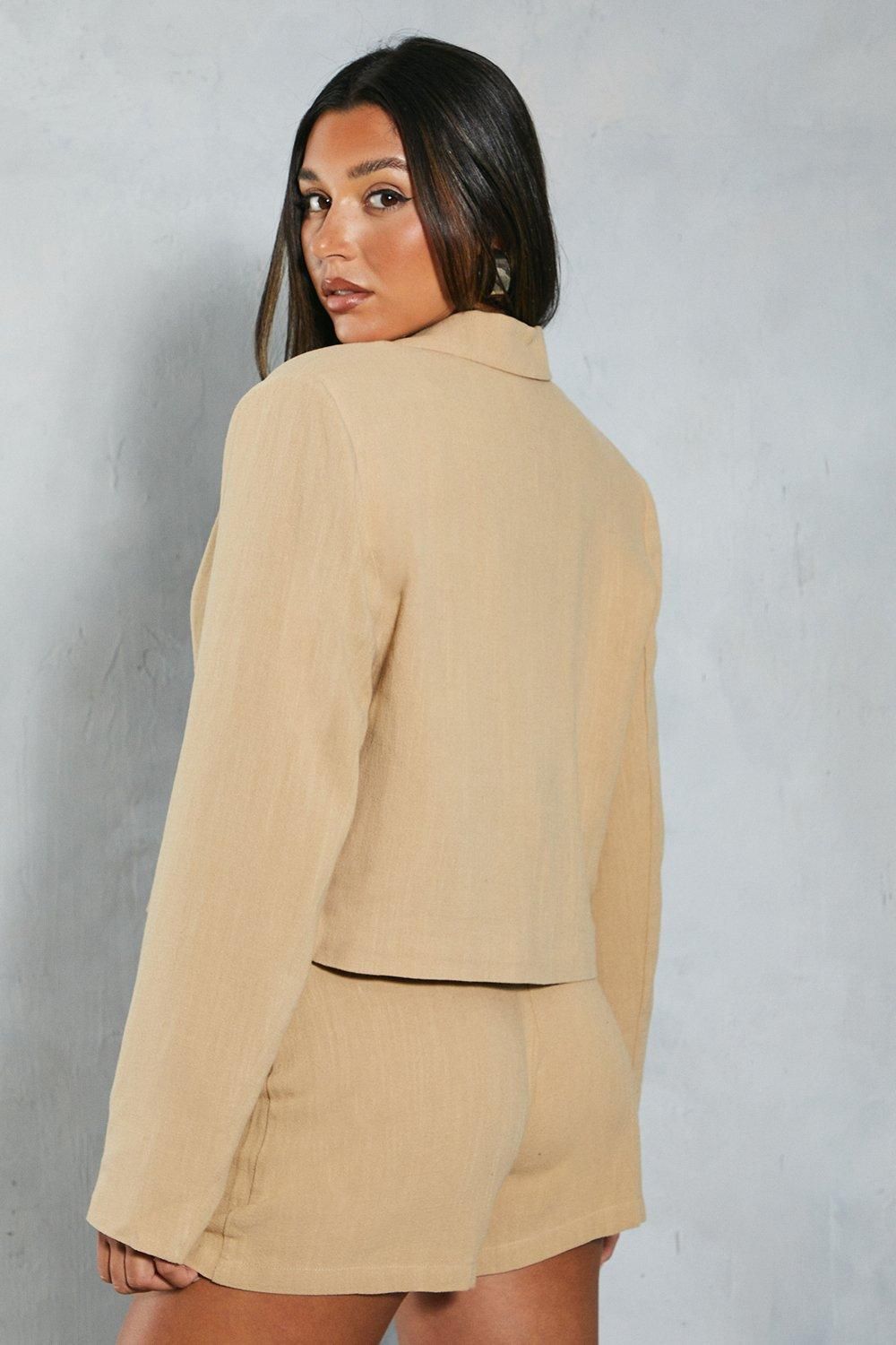 MissPap Textured Tailored Curved Hem Long Sleeve Blazer Camel image 3