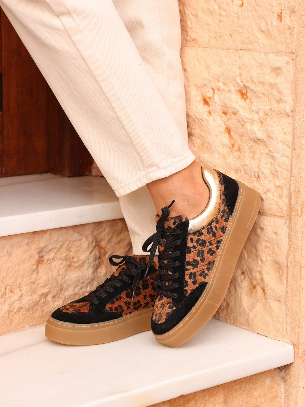 Linzi Nyra Leopard Print Lace Up Flatform Trainers image 6