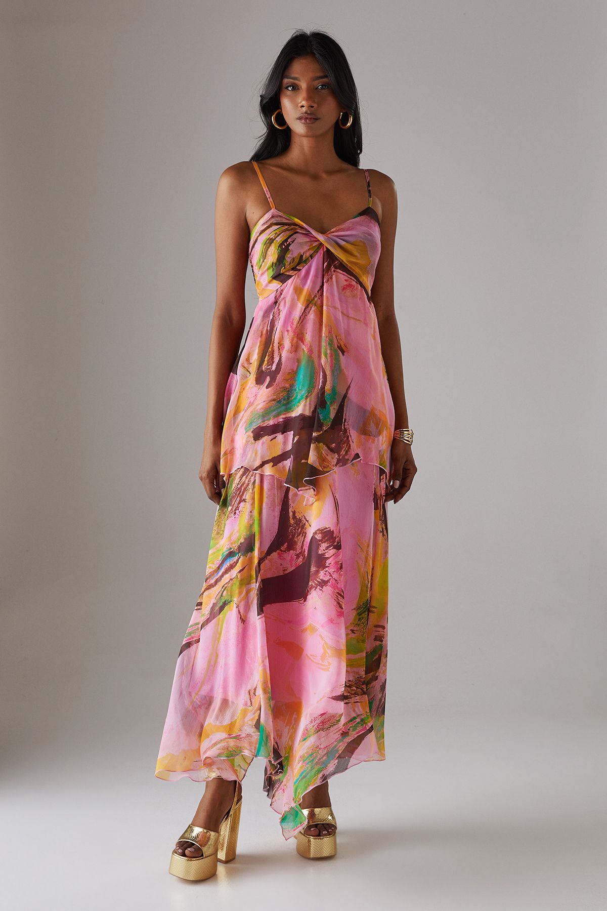 Warehouse Chiffon Asymmetric Double Layer Bandeau Maxi Dress Multi image 1