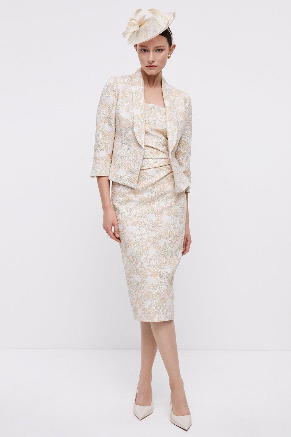 Coast Premium Stretch Jacquard Ruche Side Pencil Dress Gold image 3