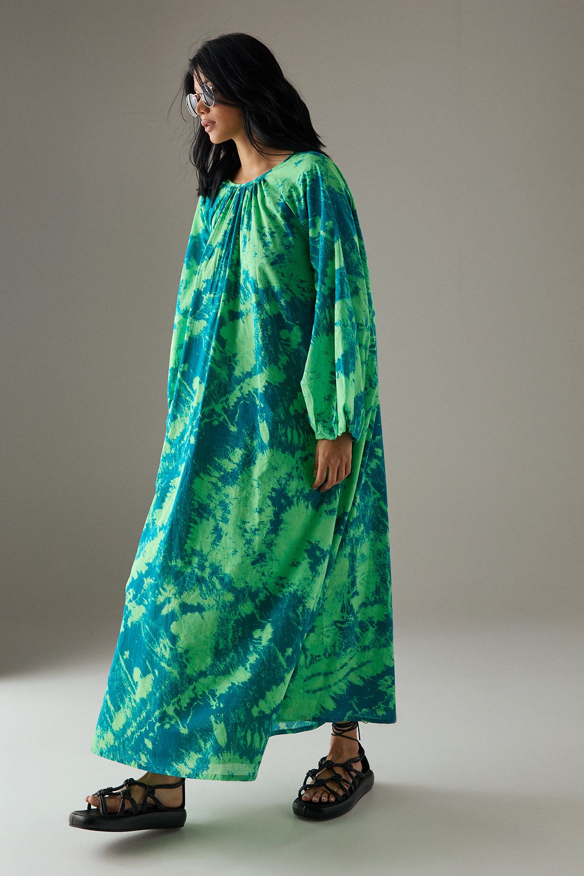 Warehouse Cotton Trapeze Smock Midi Dress Blue image 2