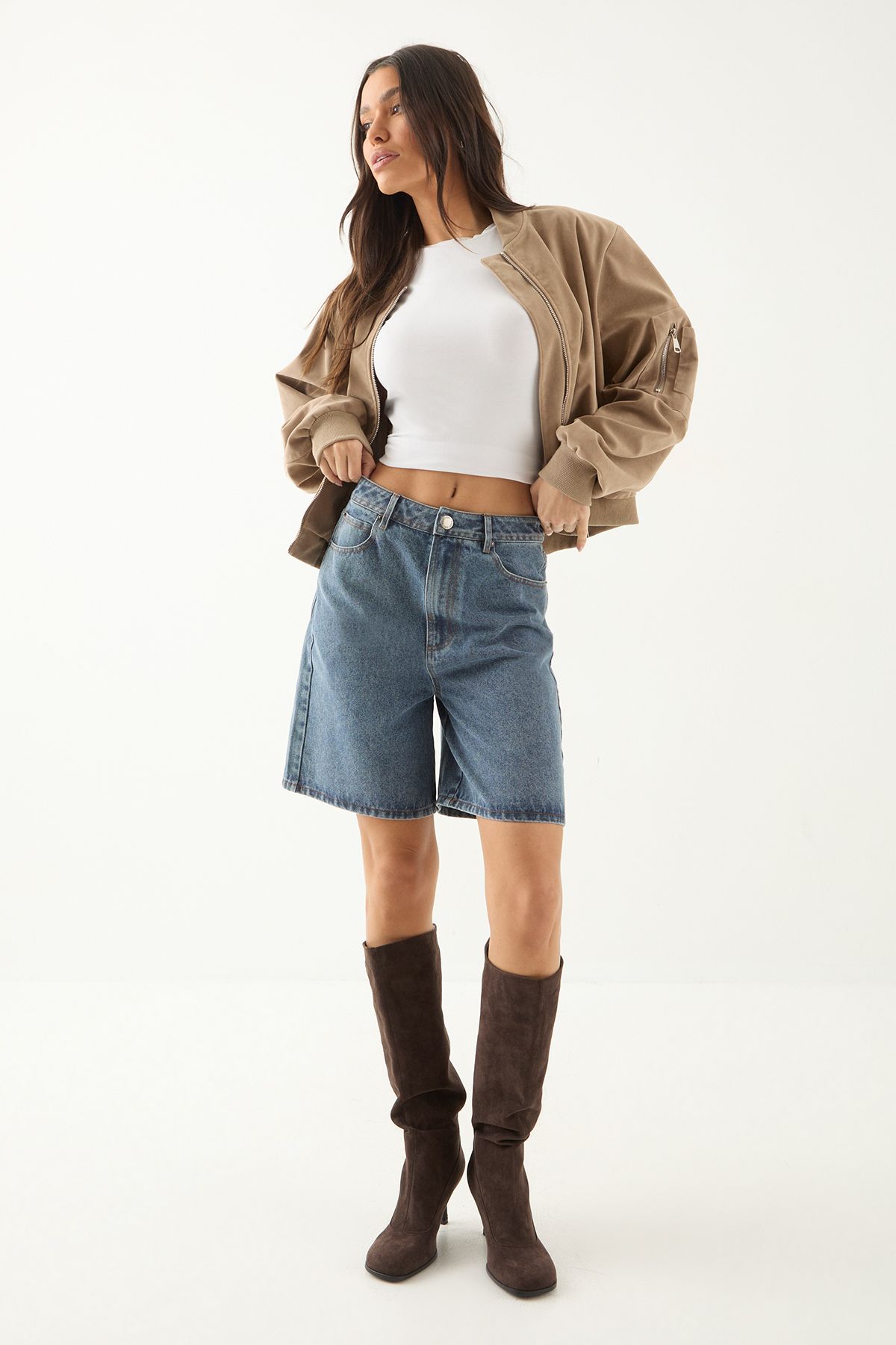 MissPap Faux Suede Square Toe Stiletto Heel Knee Boots Dark Brown image 2