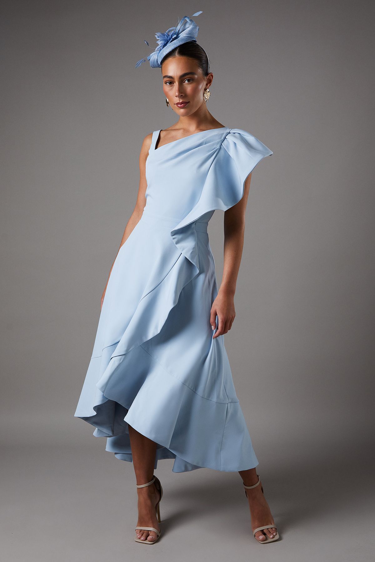 Coast One Shoulder Crepe Ruffle Midi Dress Pale Blue image 1