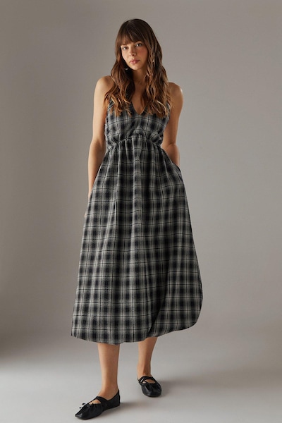 Warehouse Check Halter Open Back Puff Ball Midi Sundress Black