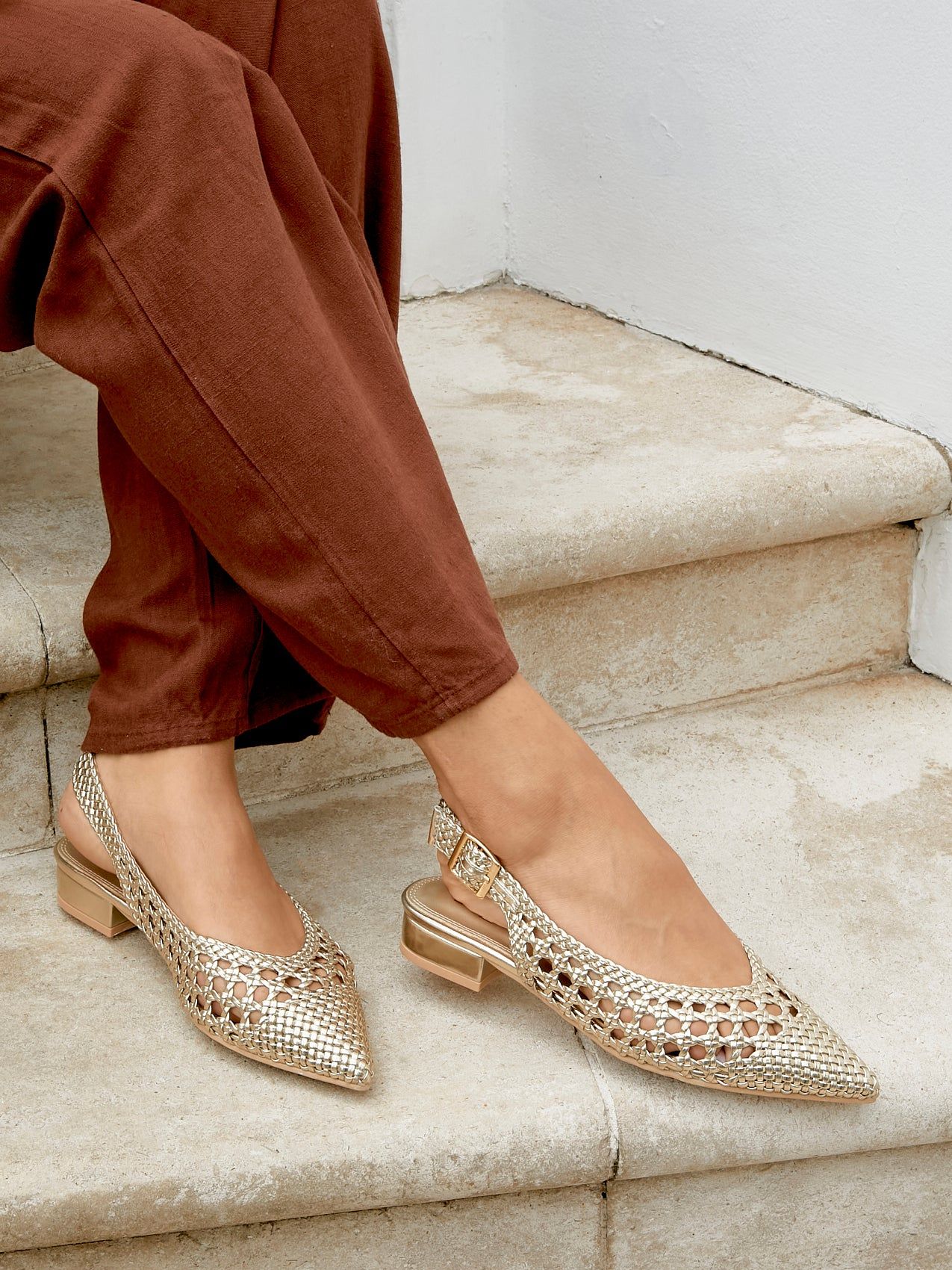 Linzi Carolina Gold Faux Leather Woven Ballet Flats image 2