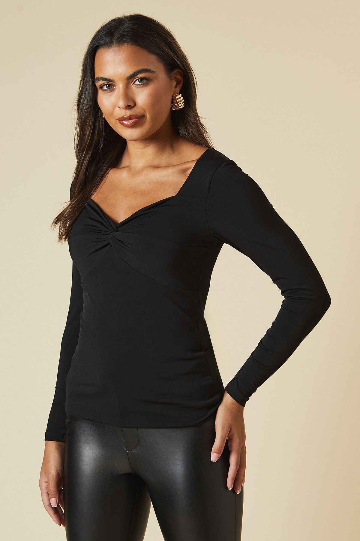 Dorothy Perkins Twist Front Long Sleeve Top Black image 1