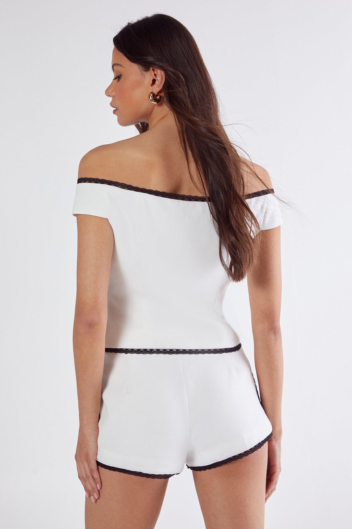 NastyGal Lace Trim Tailored Bardot Top Ivory image 4