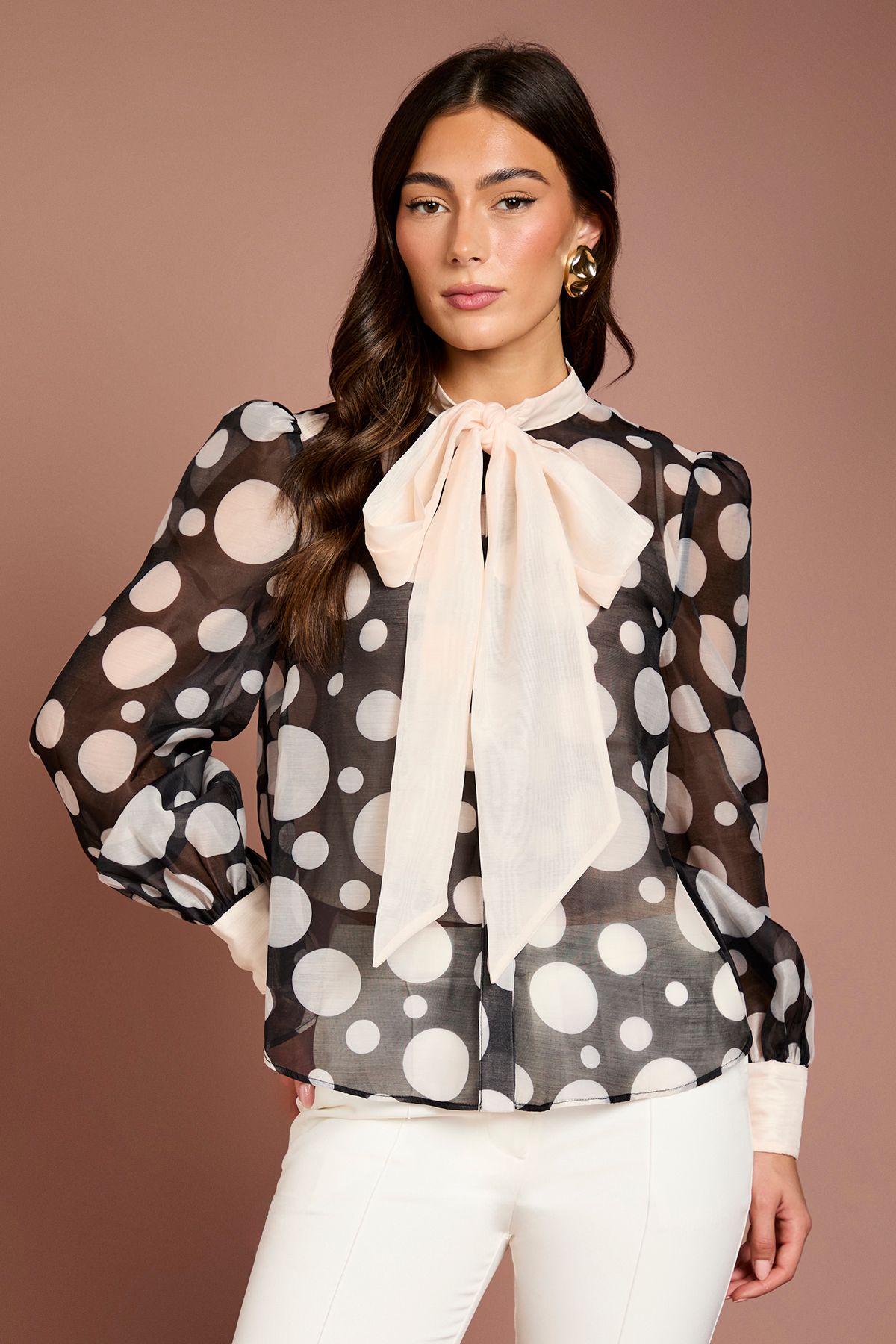 Coast Lisa Tan Bow Neck Blouson Sleeve Spot Print Blouse Mono