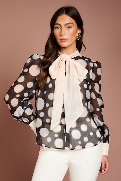 Coast Lisa Tan Bow Neck Blouson Sleeve Spot Print Blouse Mono