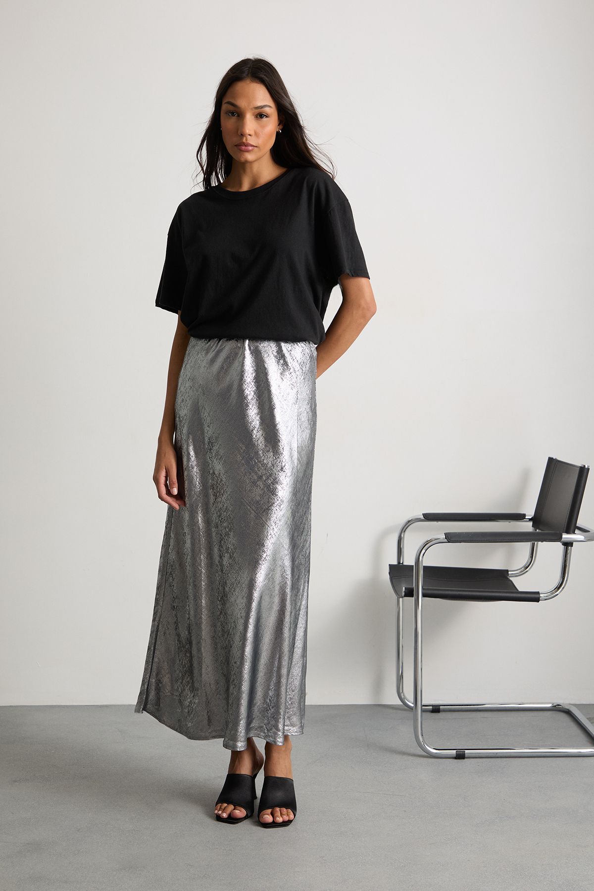 Warehouse Metallic Bias Cut Maxi Skirt Silver image 1