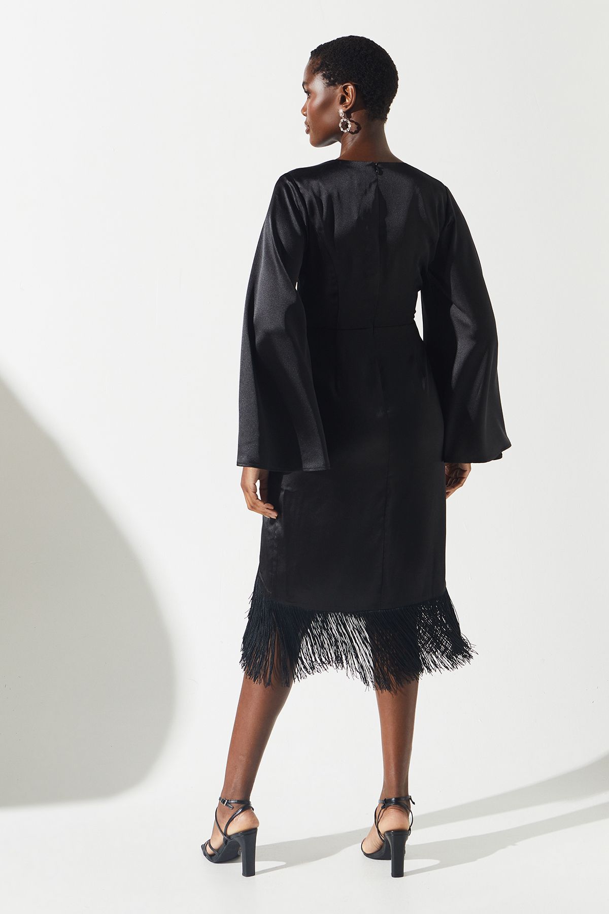 Coast Satin Fringe Hem Wrap Waist Midi Dress Black image 4