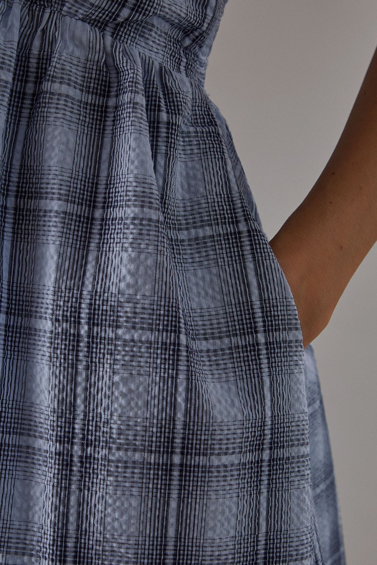 Warehouse Check Halter Open Back Puff Ball Midi Sundress Baby Blue image 4