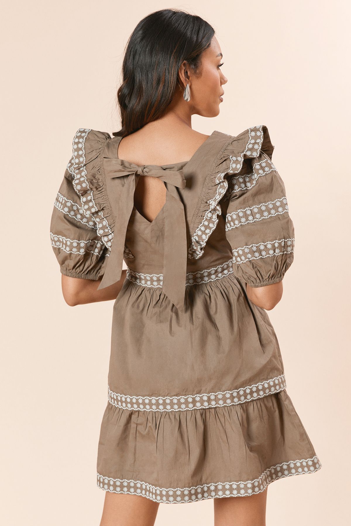 Dorothy Perkins Embroidered Trim Ruffle Shoulder Mini Dress Khaki image 3