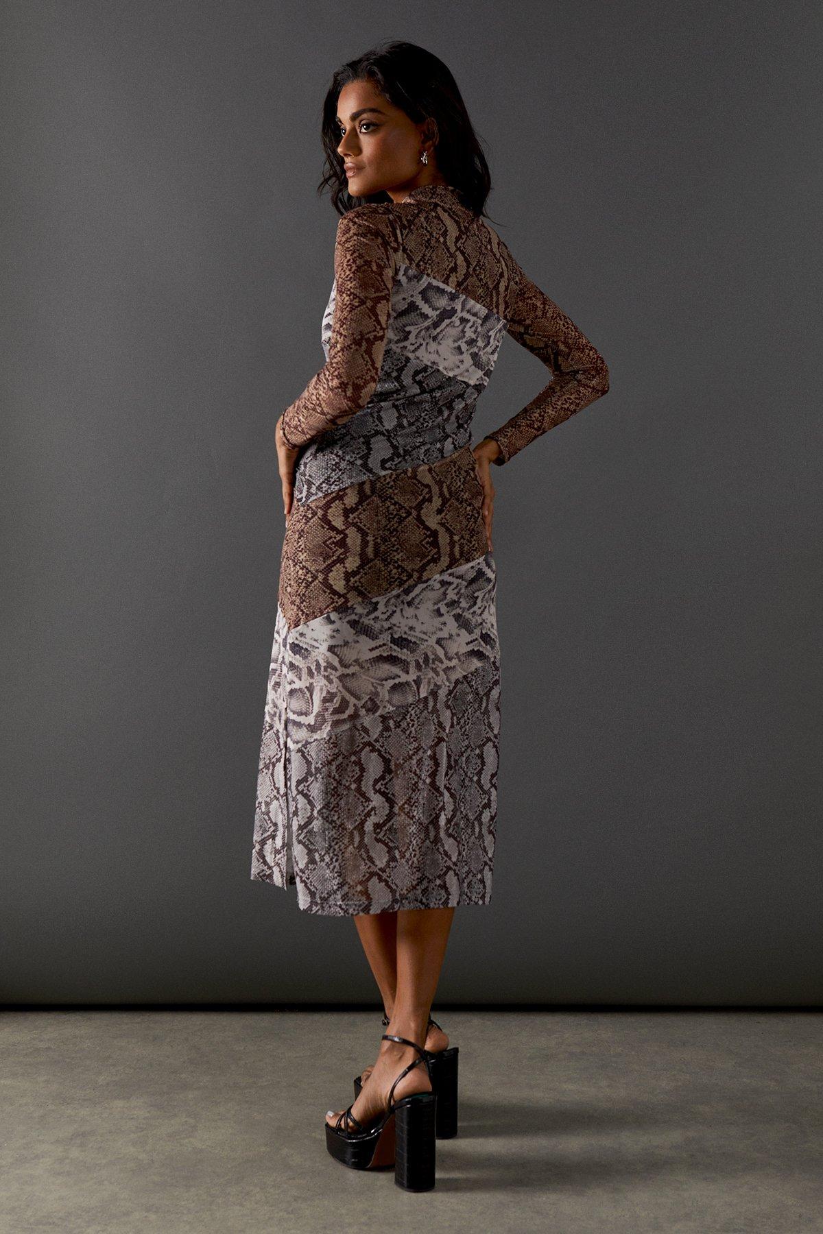 Warehouse Snake Panelled Print Mesh Midi Dress Snake image 3