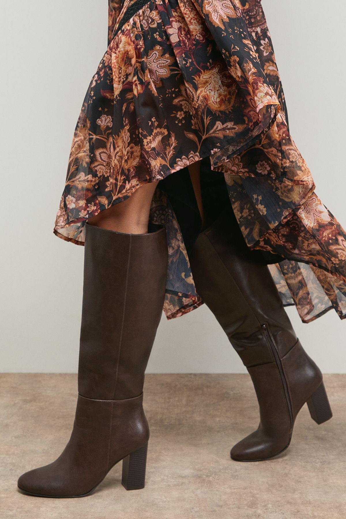 Oasis Tamsin Faux Leather Stacked High Block Heel Knee Boots Brown image 1