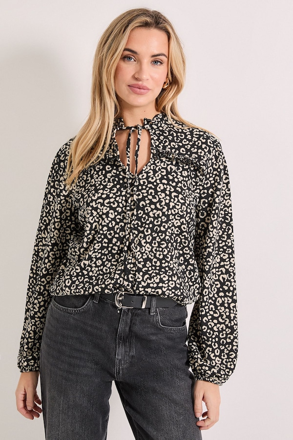 Dorothy Perkins Mono Animal Tie Neck Detail Blouson Sleeve Jersey Top Mono