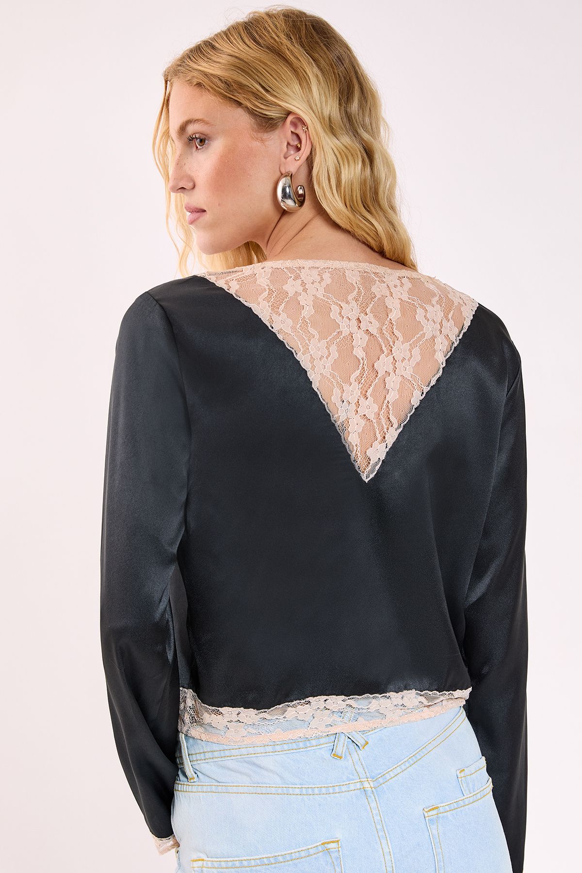 NastyGal Cutwork Lace Tie Front Long Sleeve Top Black image 4