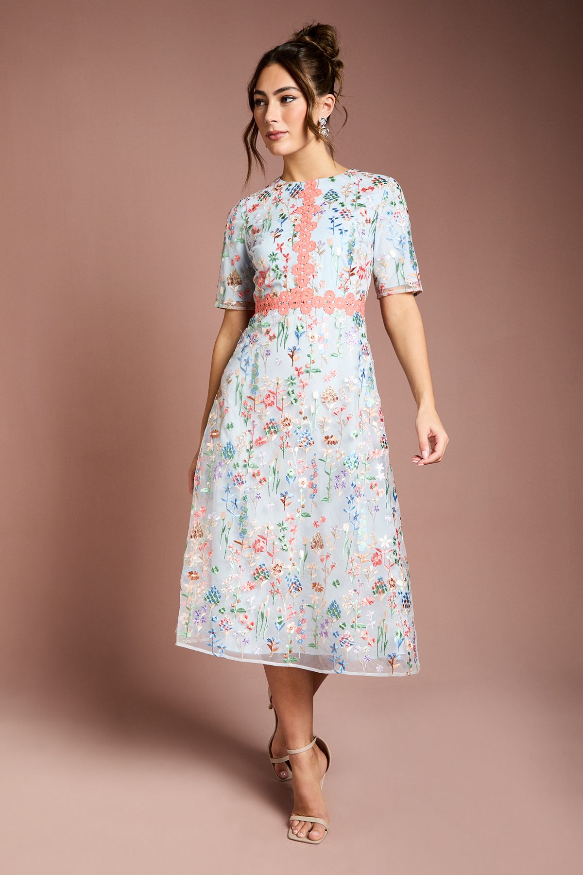 Coast Embroidered Floral With Laid On Lace Midi Dress Light Blue