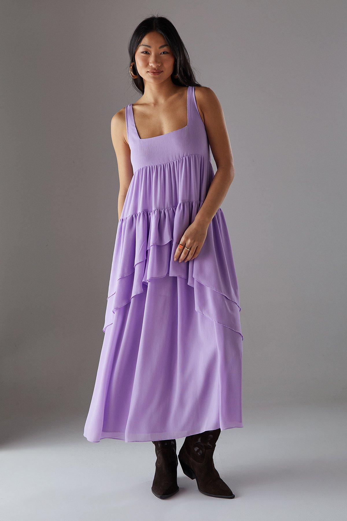 Warehouse Lilac Petite Chiffon Ruffle Tier Smock Midi Sundress PLT