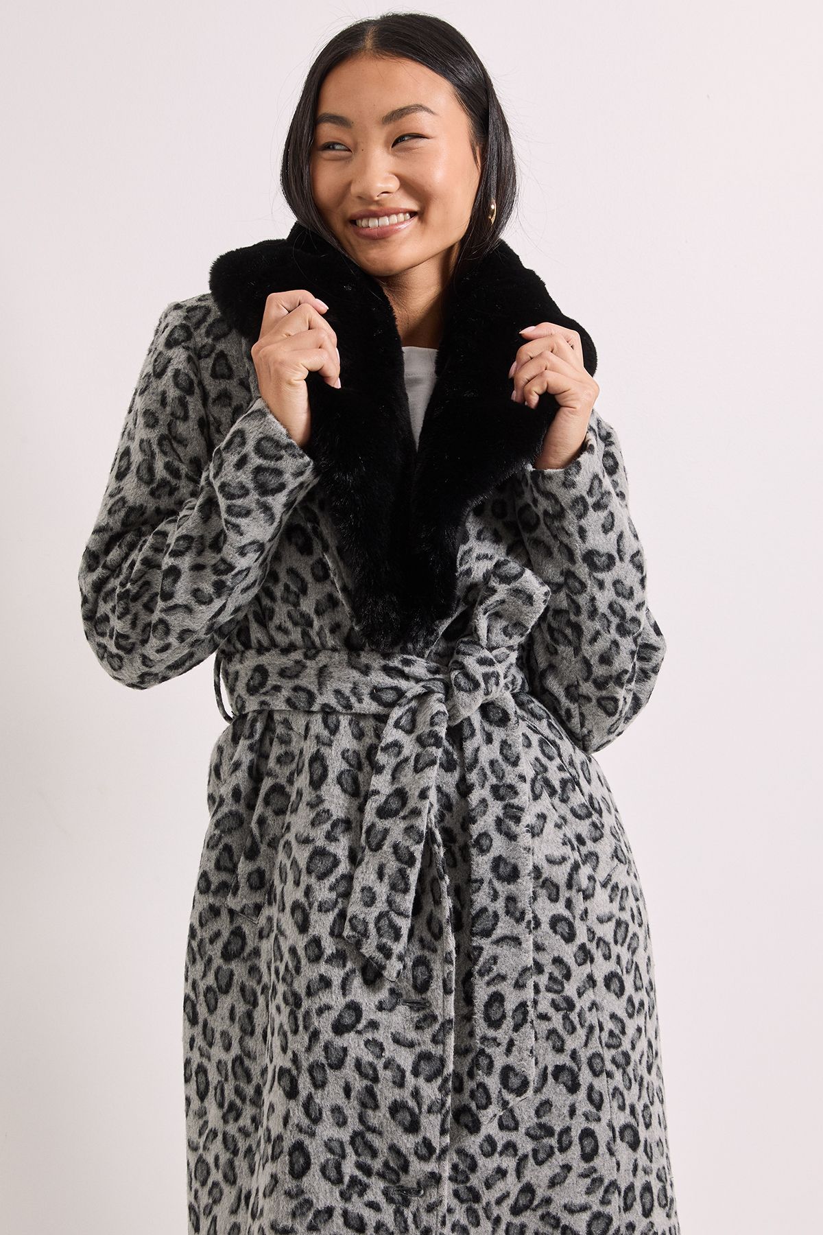 Dorothy Perkins Petite Animal Printed Belted Coat Grey image 2