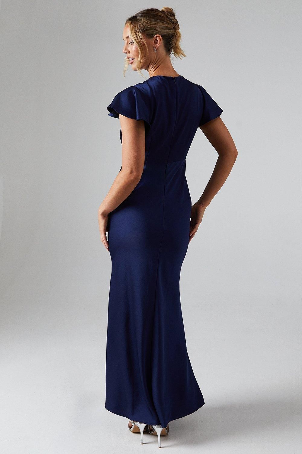 Oasis Button Detail V Neck Satin Bridesmaid Midaxi Dress Navy image 3
