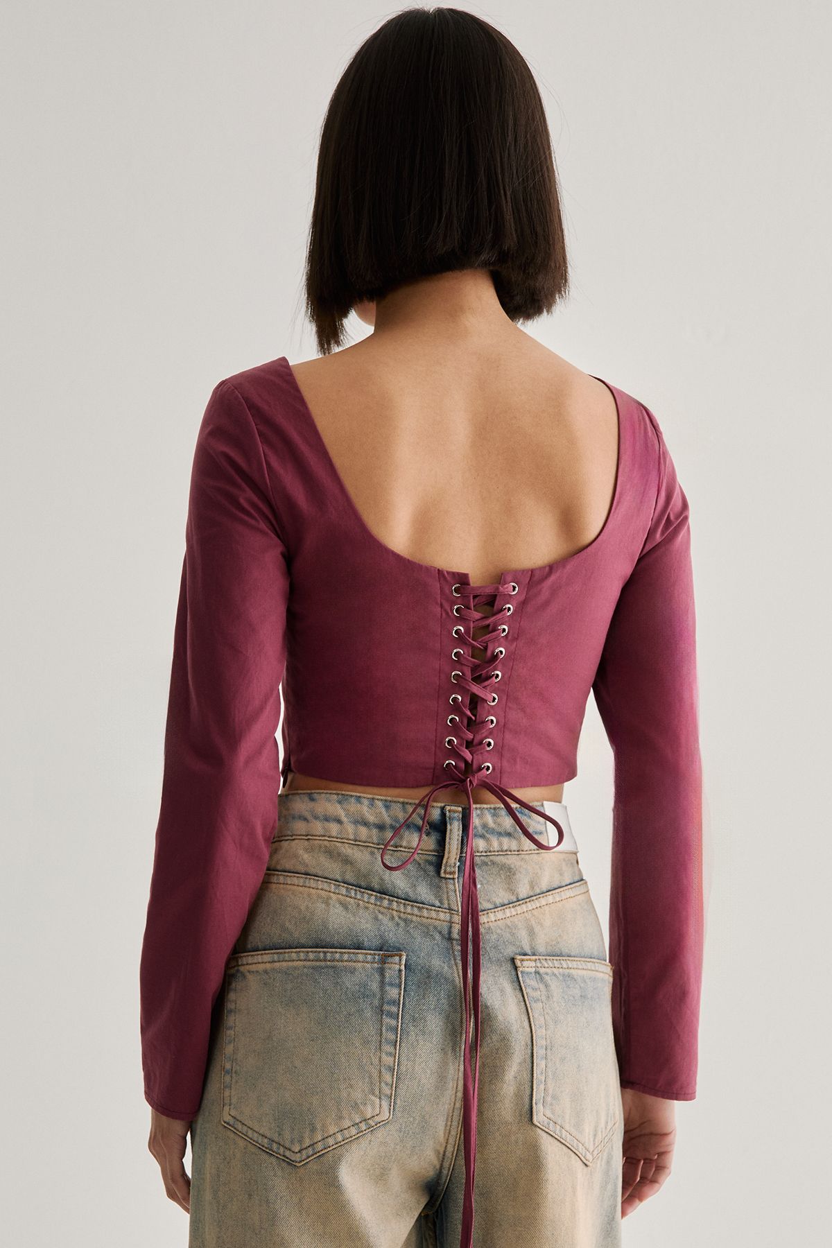 NastyGal Cotton Lace Trim Lace Up Back Long Sleeve Corset Top Wine image 4
