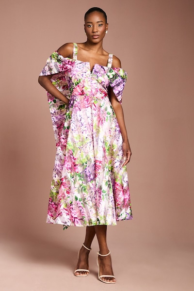 Coast Lisa Tan Printed Organza Bardot Midi Dress Pink