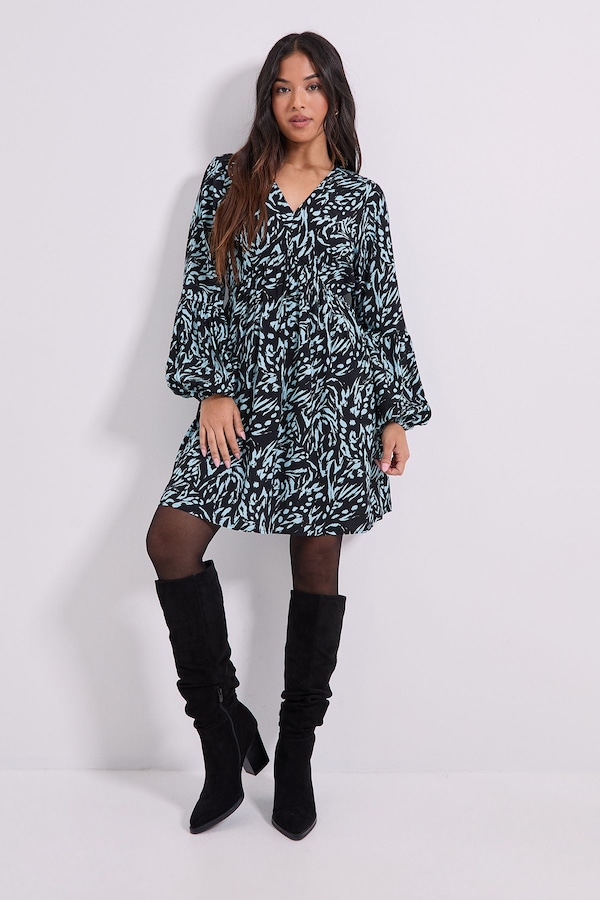 Dorothy Perkins Petite V Neck Smock Blouson Sleeve Printed Mini Dress Blue