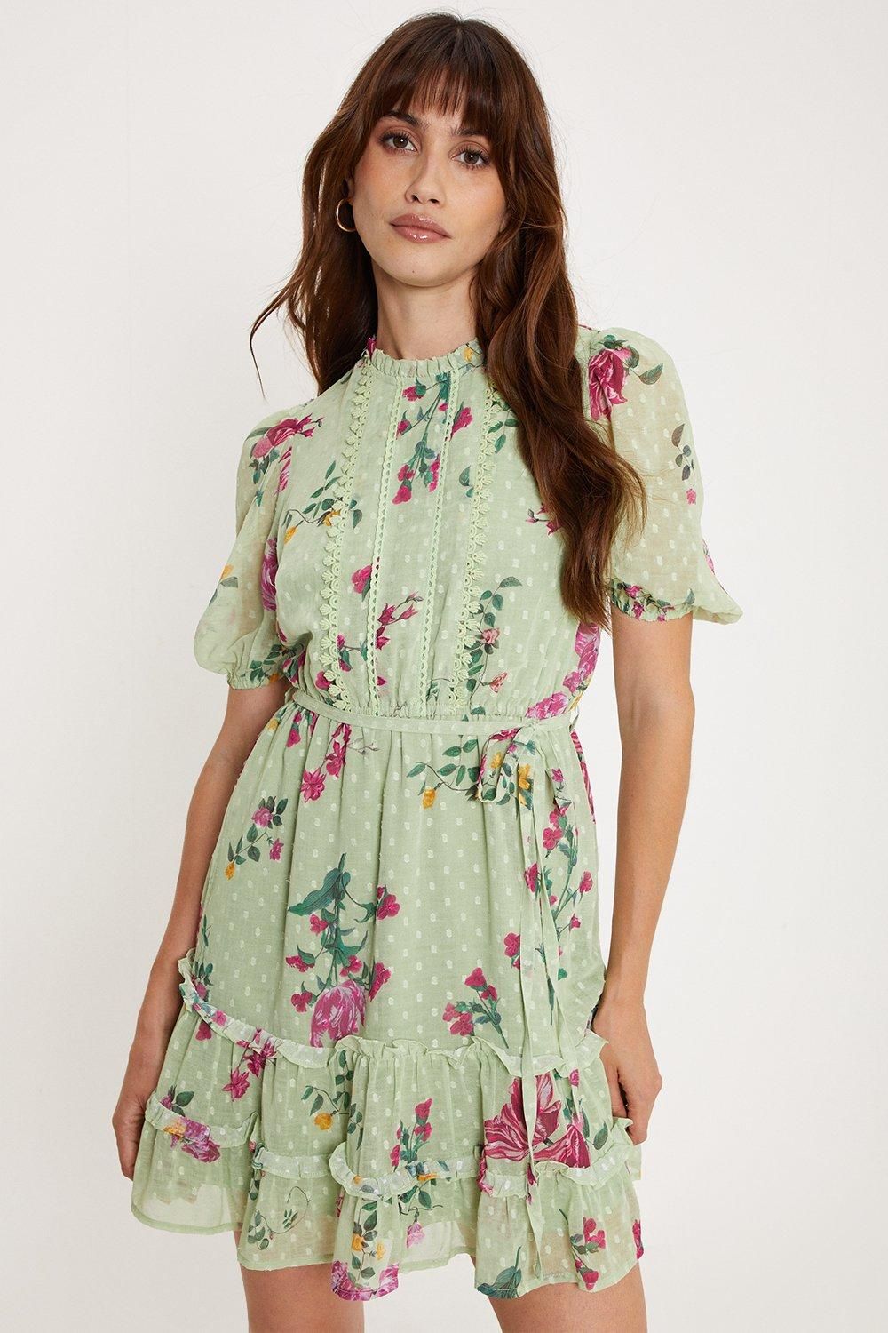 Oasis Lace Trim Floral Chiffon Skater Dress Sage image 2