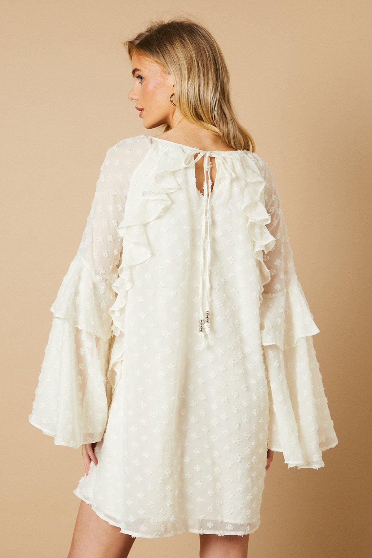 Oasis Dobby Chiffon Ruffle Sleeve Mini Dress Ivory image 3