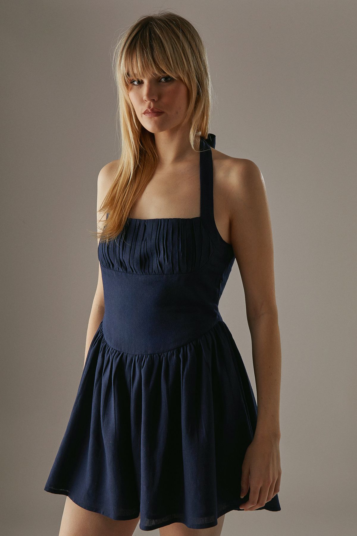 Warehouse Premium Linen Blend Pintuck Halter Babydoll Playsuit Navy image 1