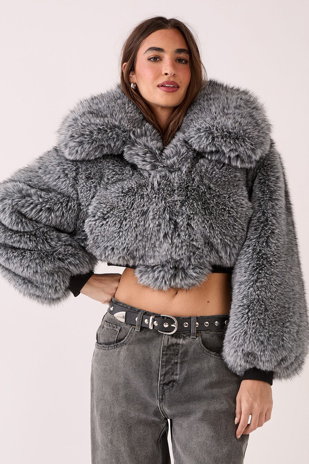 NastyGal Premium Tipped Natural Faux Fur Bomber Coat Grey image 2