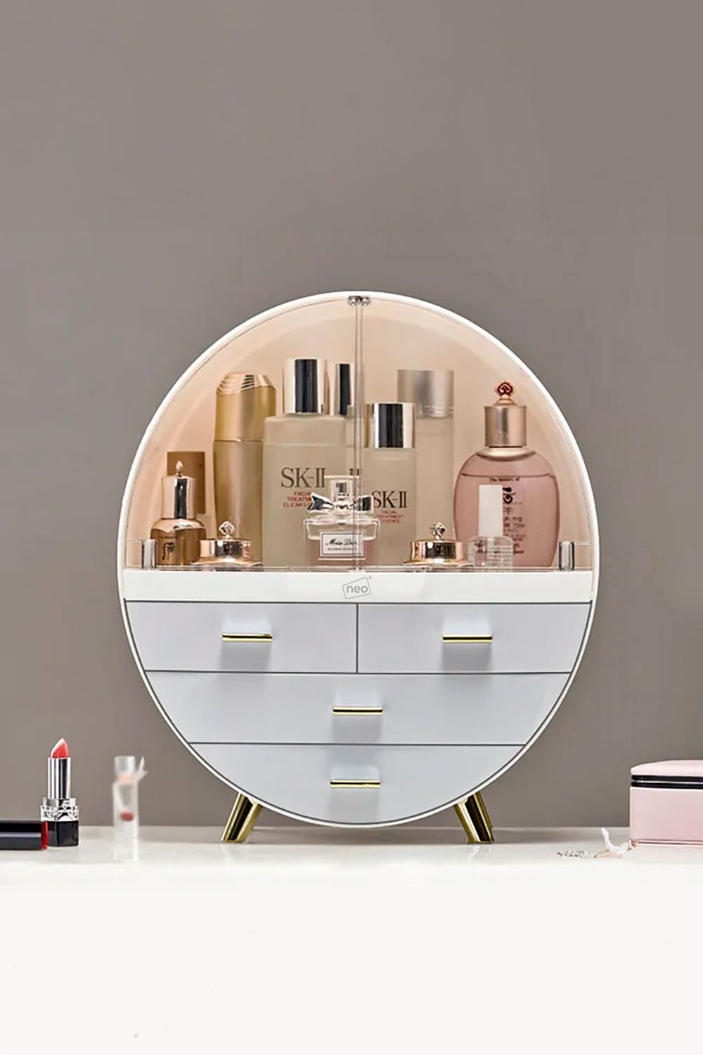 Neo 3 Drawer Round Desktop Cosmetic Makeup Display Storage Box Organiser image 1
