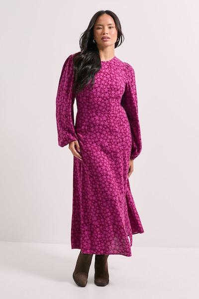 Dorothy Perkins Empire Star Seam Split Detail Printed Midi Dress Burgundy