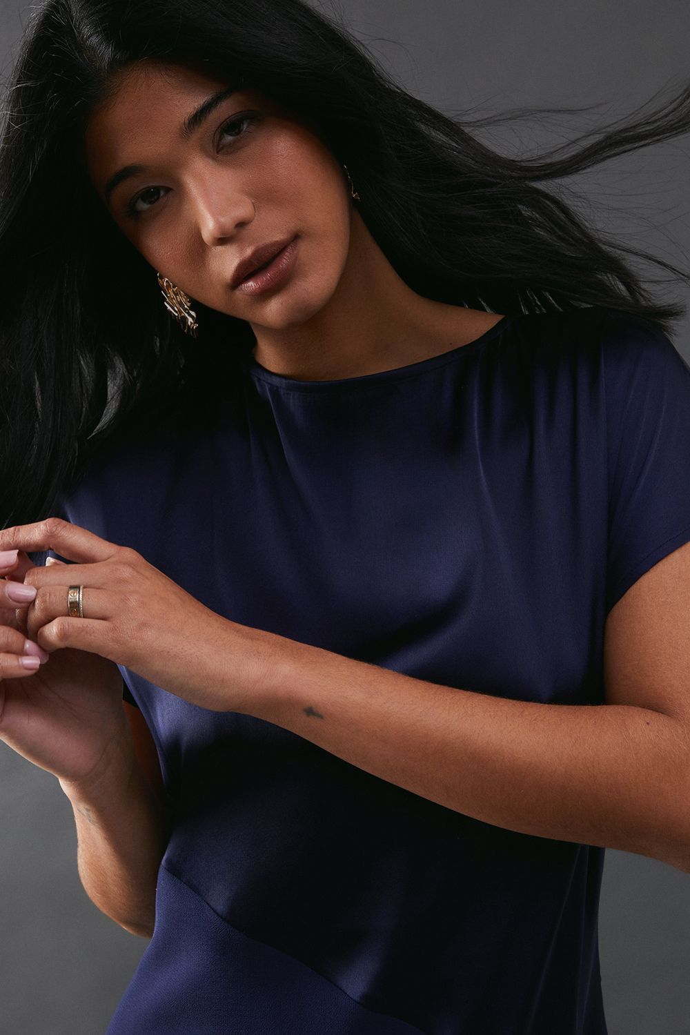 Warehouse Satin Georgette Panelling Asymmetric Hem Midi Dress Navy image 2