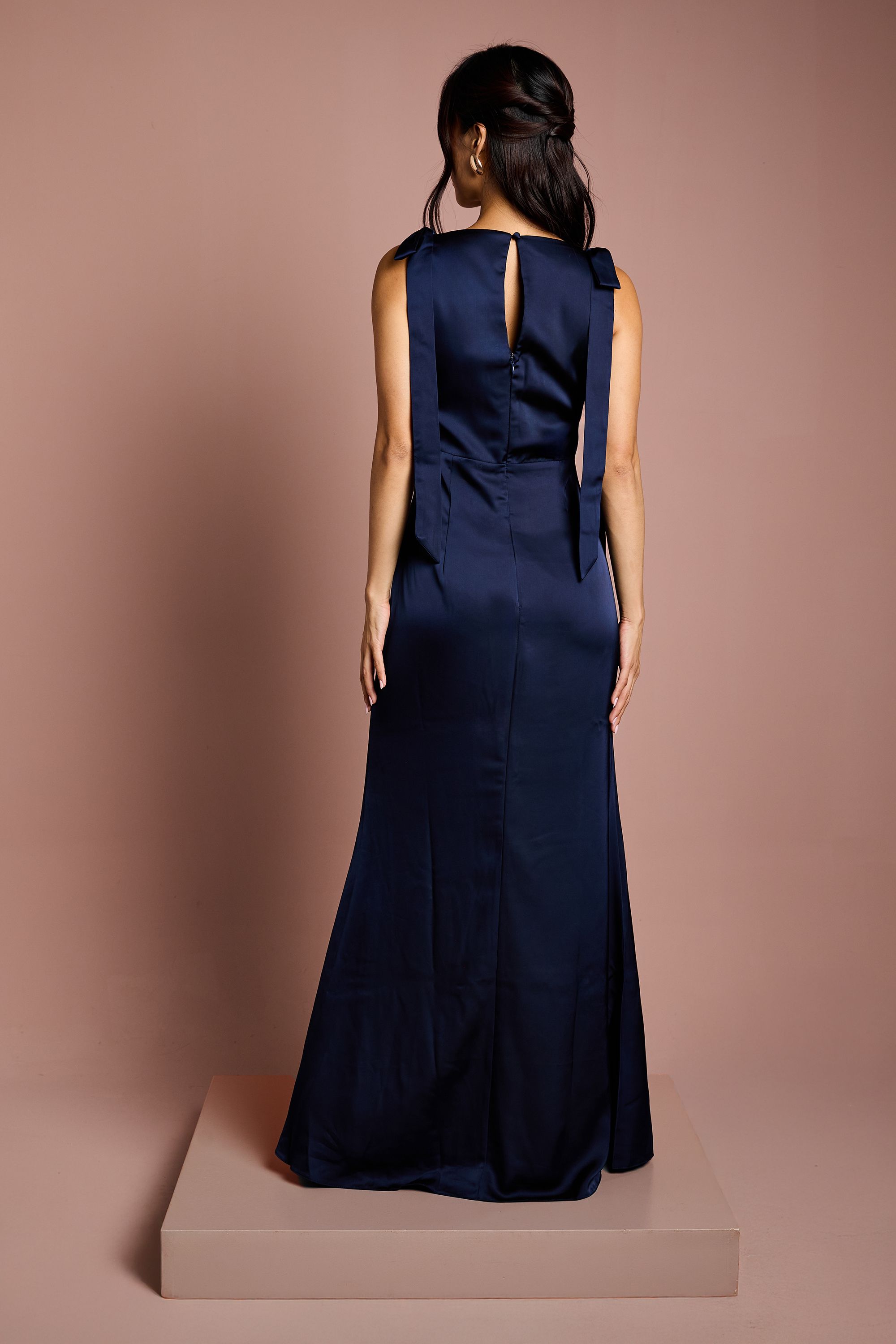 Coast Coast Honoured Sleeveless High Neck Tie Shoulder Satin Maxi Bridesmaid Dress Navy image 3