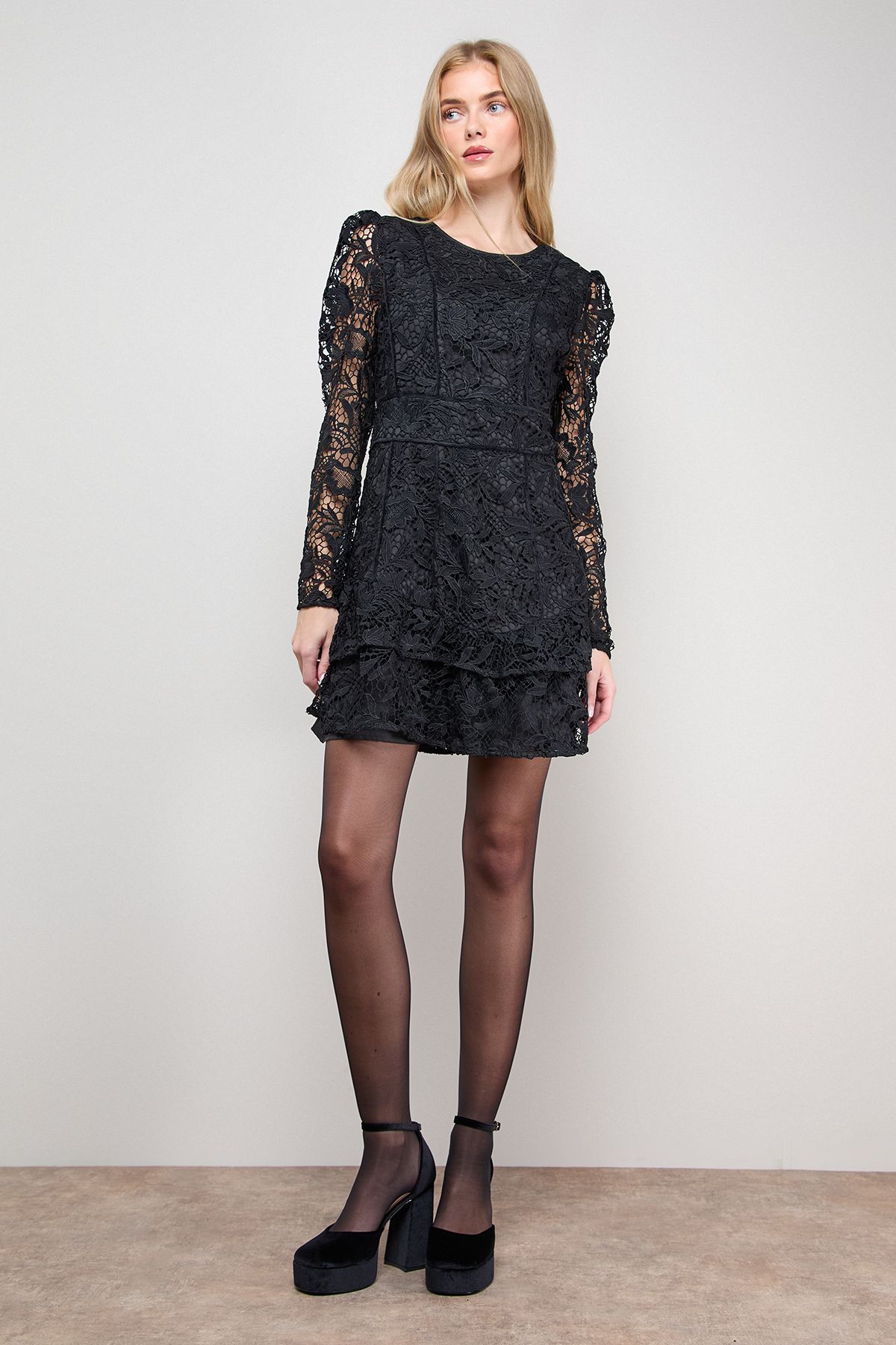 Oasis Lace Trim Detail Tiered Fluted Sleeve Mini Dress Black image 2
