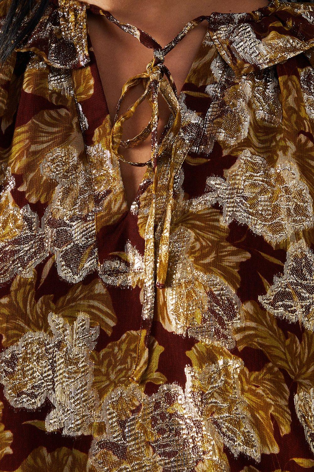 Warehouse Printed Metallic Jacquard Tie Neck Frill Collar Blouse Floral image 5