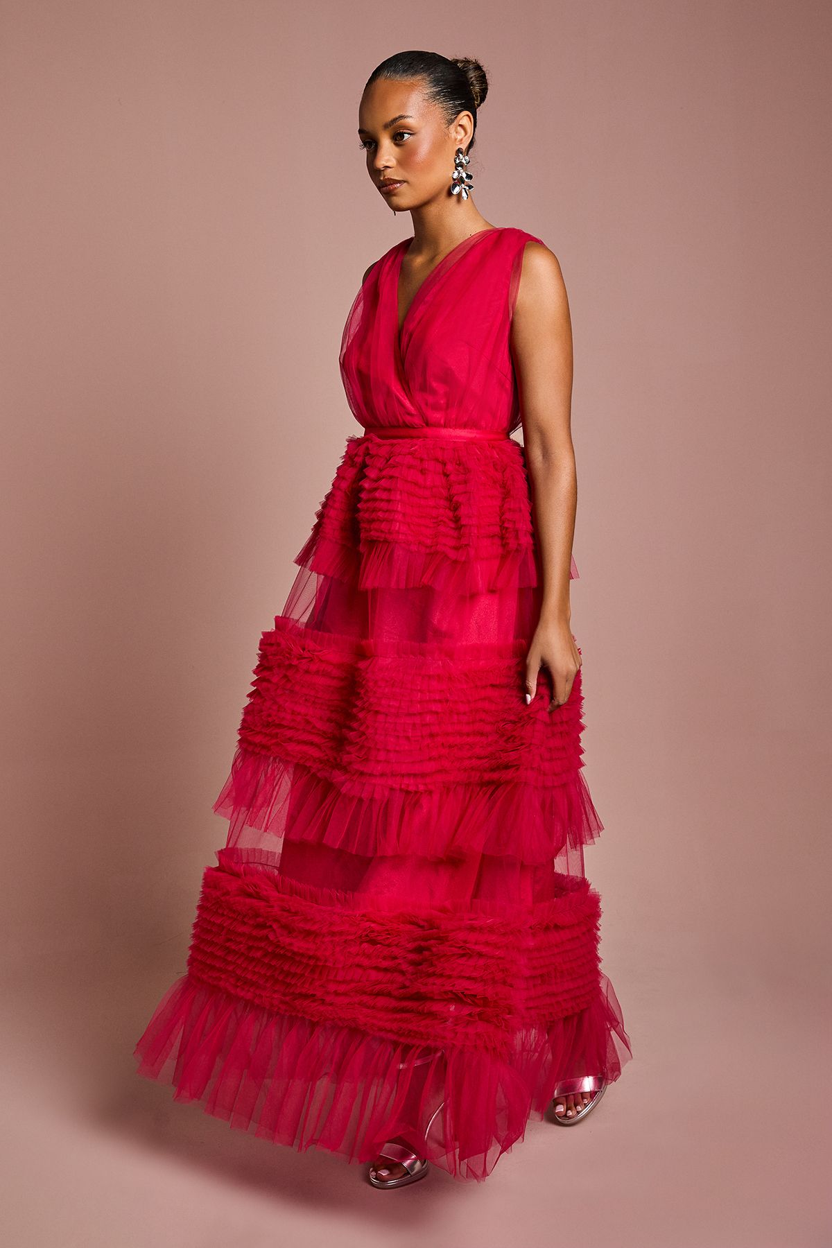 Coast Petite Sleeveless Mesh Tiered Maxi Dress Raspberry image 1