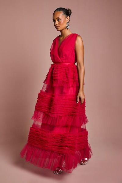 Coast Petite Sleeveless Mesh Tiered Maxi Dress Raspberry