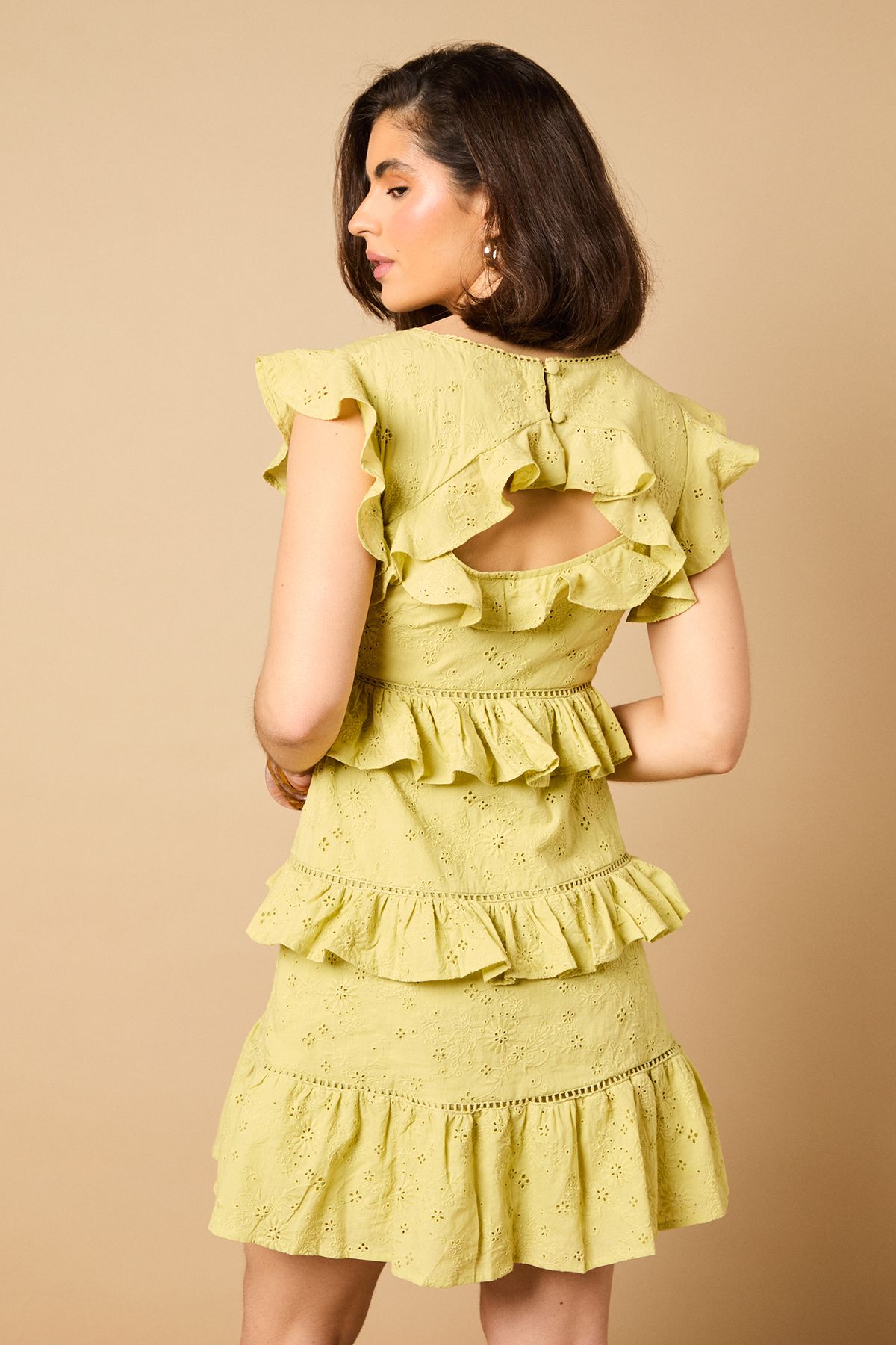 Oasis Ruffle Broderie Mini Dress Olive image 3