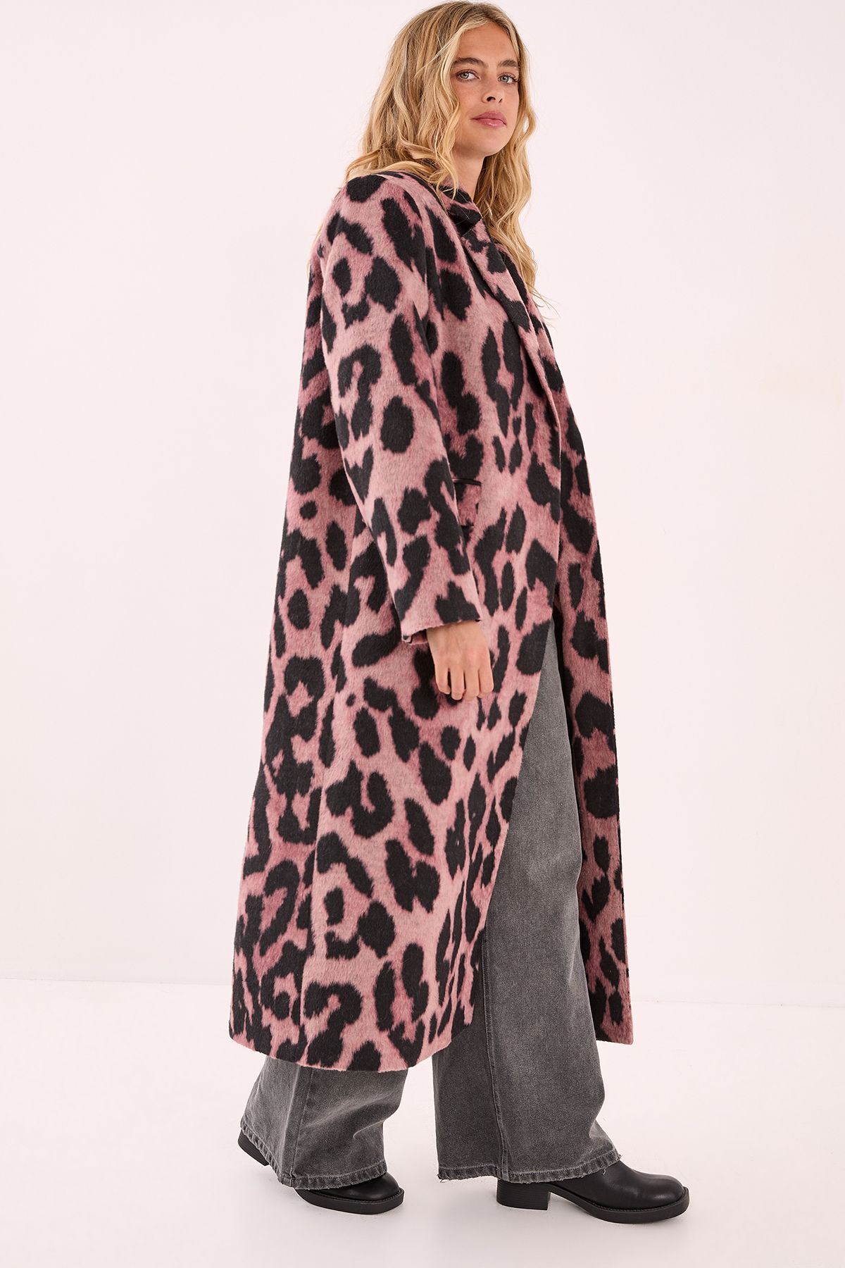 NastyGal Oversized Animal Leopard Wool Blend Tailored Coat Pink image 2