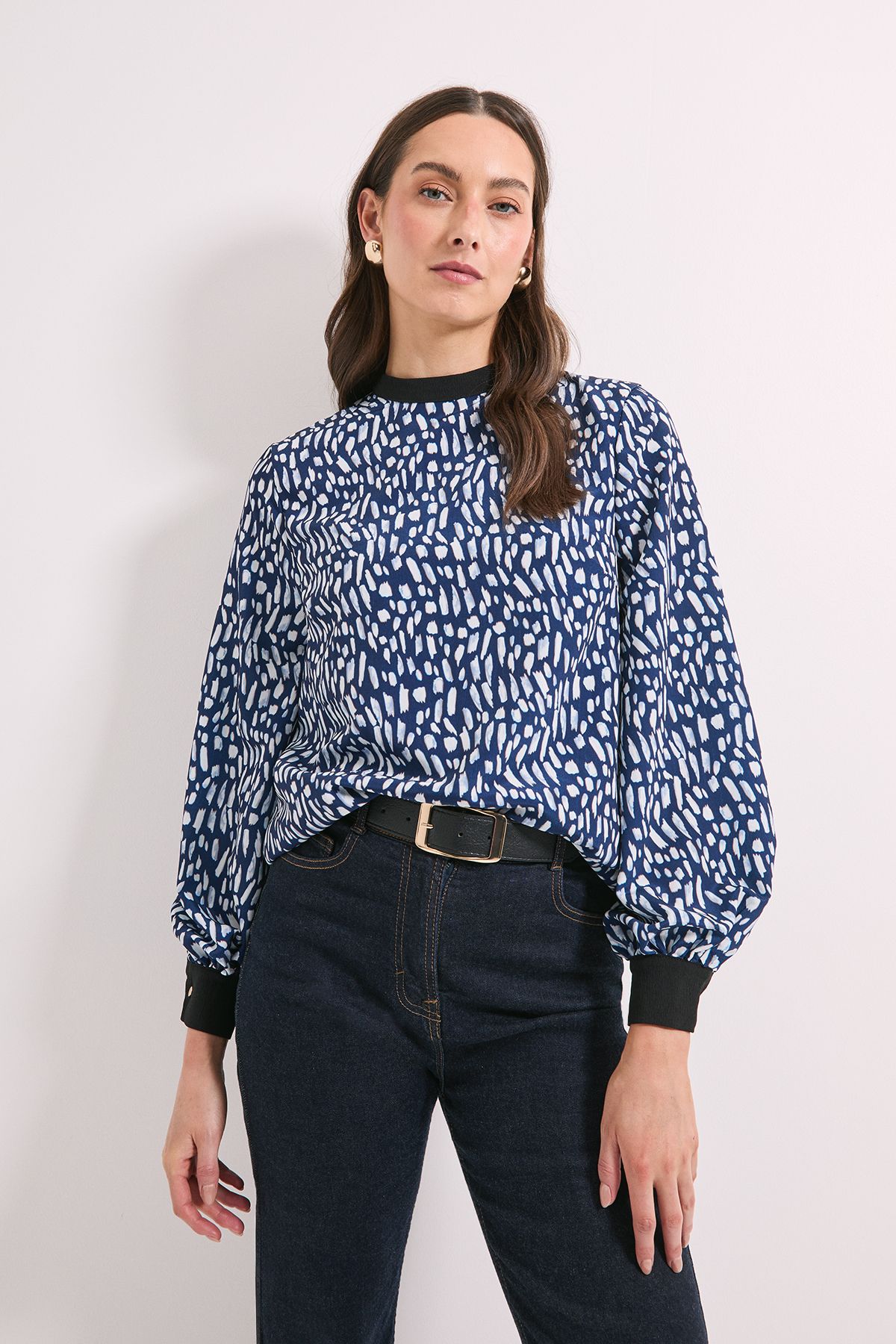 Principles Blue Print High Neck Tie Back Volume Blouse Blue