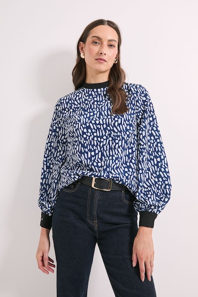 Principles Blue Print High Neck Tie Back Volume Blouse Blue