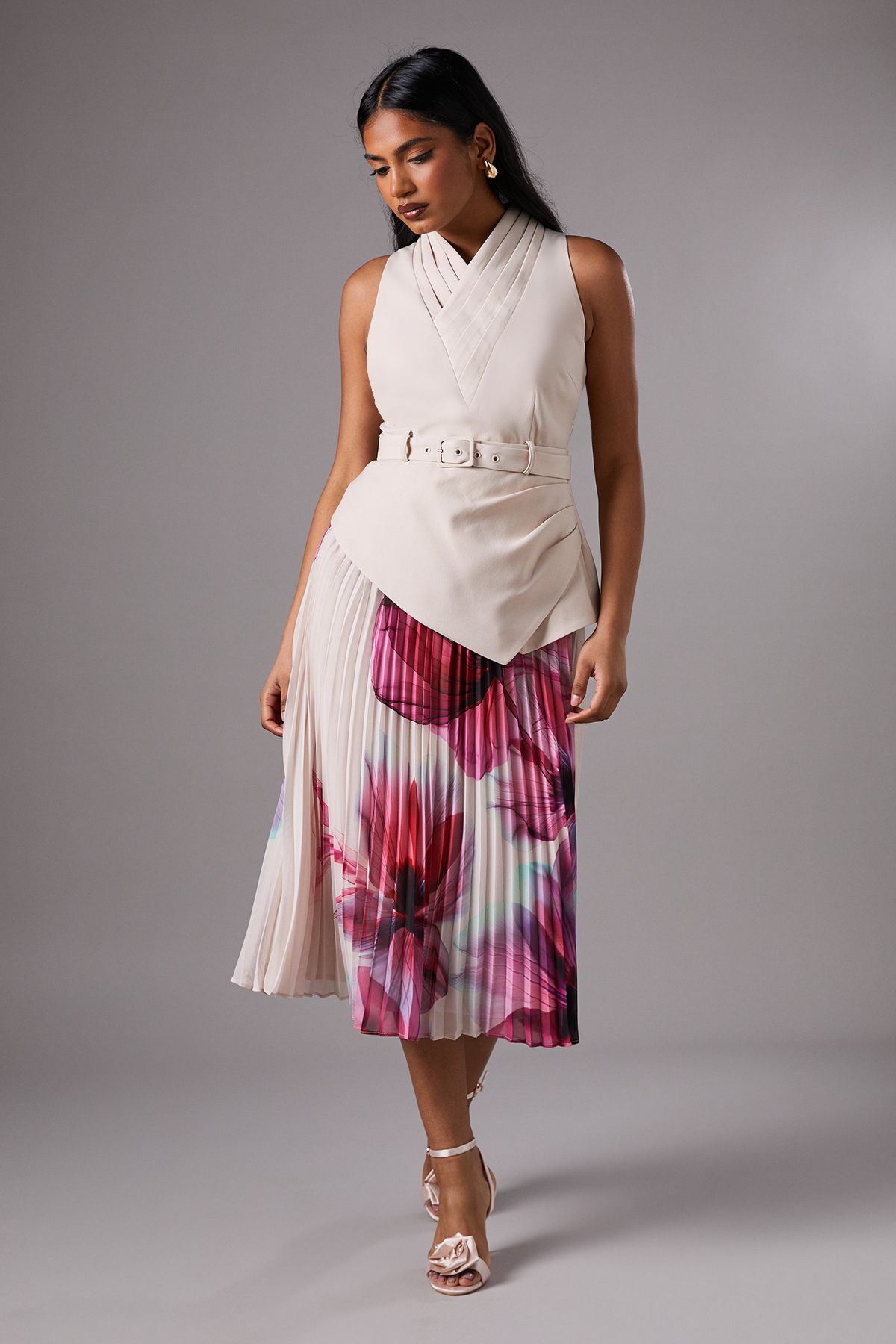 Coast Petite Pleated Skirt V Neck Sleeveless Midi Dress Ecru image 1