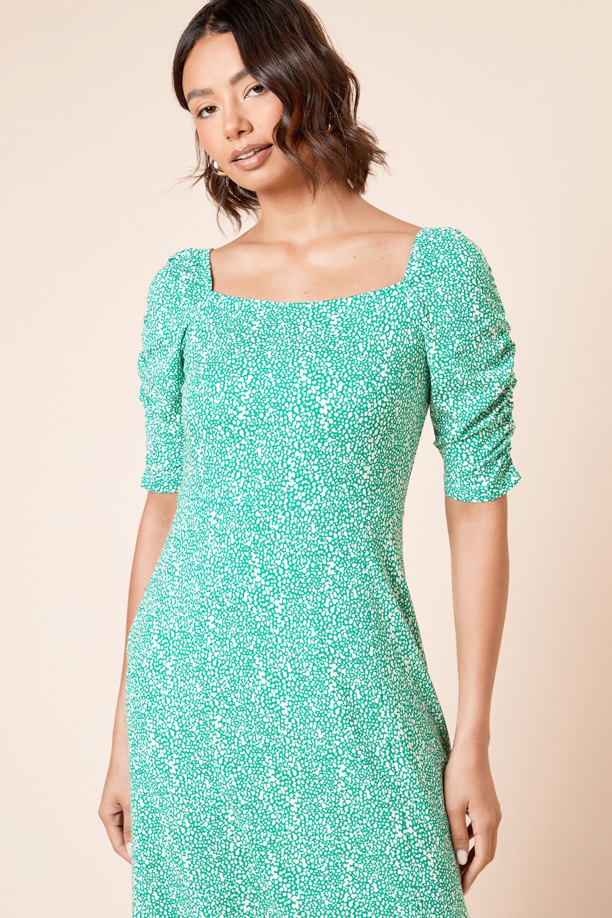 Dorothy Perkins Square Neck Green Spot Short Sleeve Midi Dress Green image 2