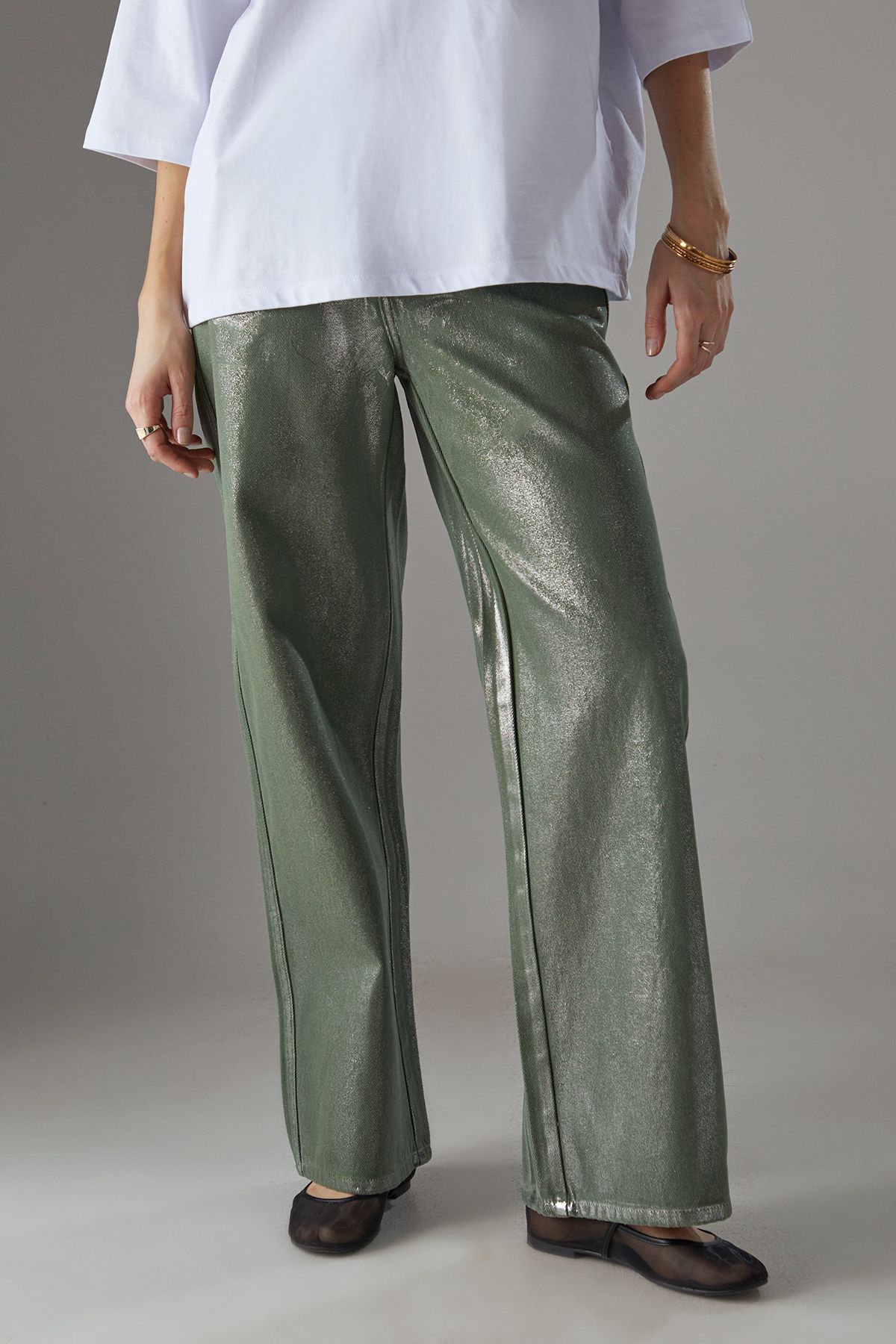 Warehouse Foil Coated High Waist Wide Leg Jeans Khaki image 2