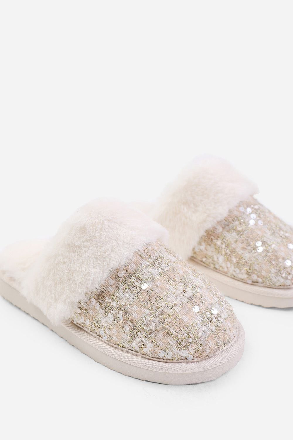 Where's That From 'Snuggle' Slip On Sequin Slippers With Fur Trim image 3