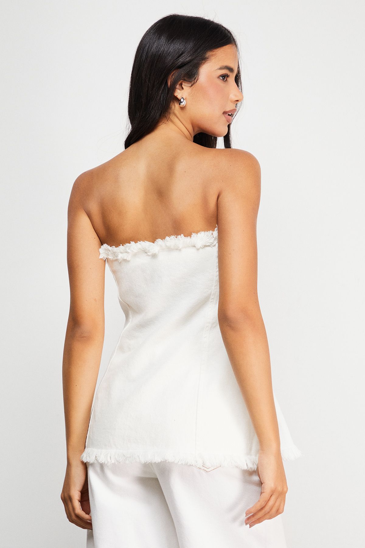 Warehouse Fray Detail Denim Bandeau Top Ecru image 3